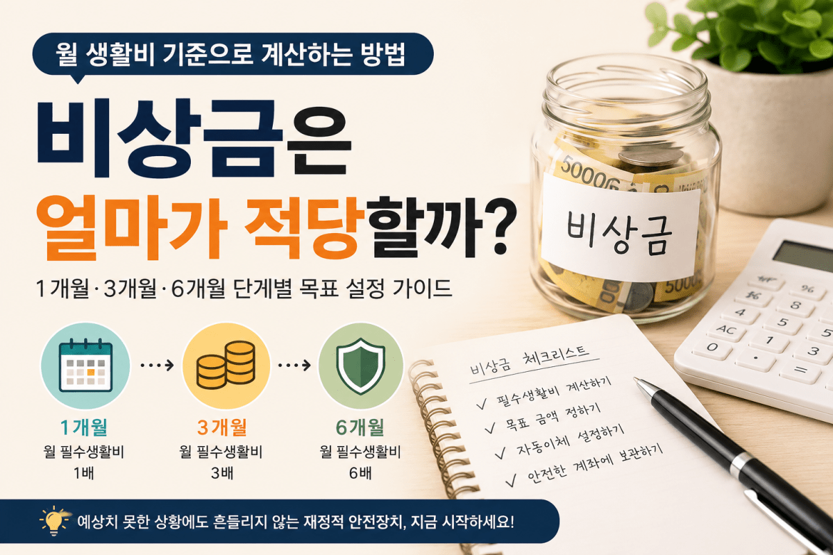 현금이 든 비상금 통장과 계산기, 가계부를 보며 월 필수생활비의 1개월·3개월·6개월분을 계산하는 이미지