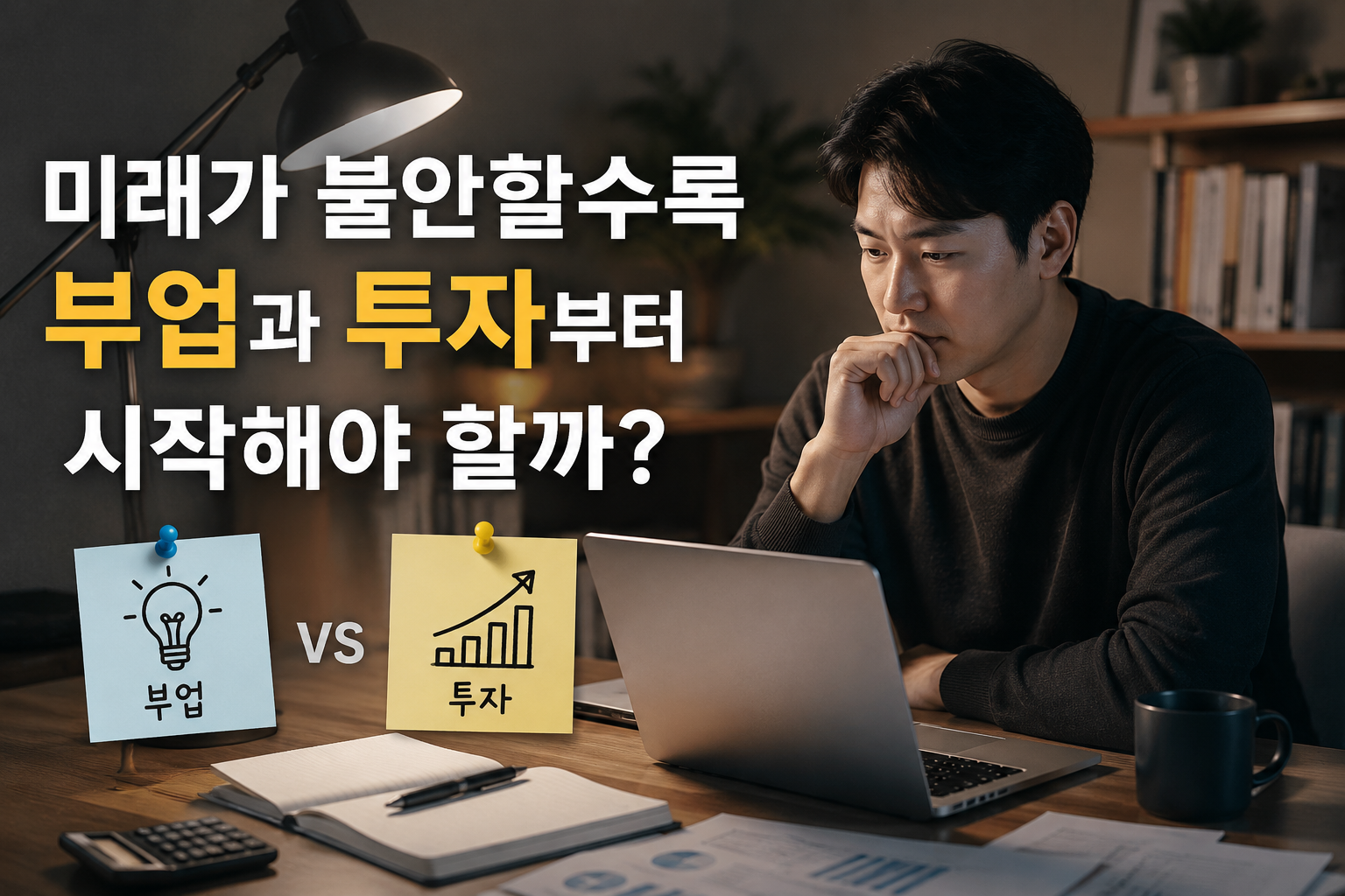 노트북 앞에서 부업과 투자 중 무엇을 시작할지 고민하는 직장인